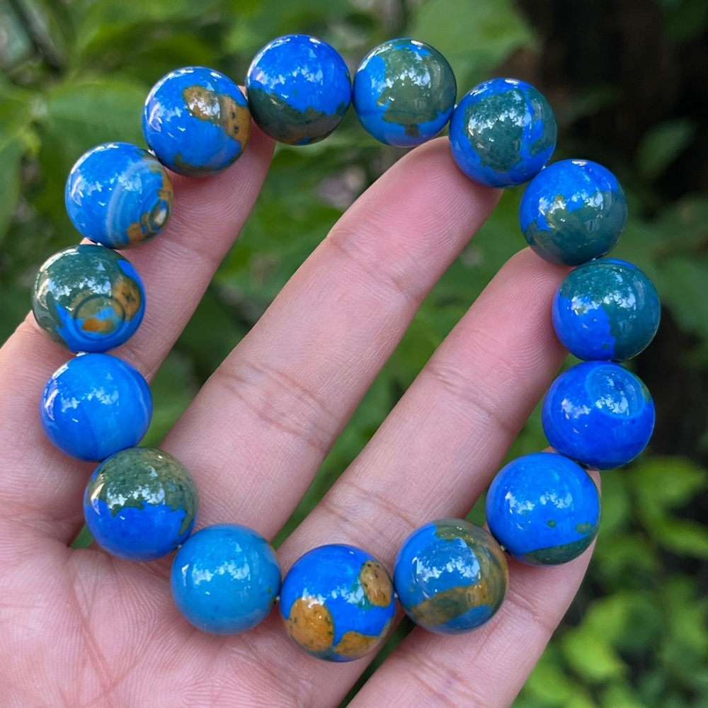 14mm stretchable blue earth pattern agate bracelet - Picture 9 of 13